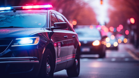 police car on the road in the city with blue and red flashing lights. copy space. ai generativeの素材
