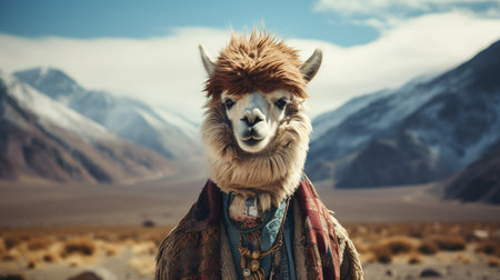 alpaca in a jacket against the background of mountains. ai generativeの素材