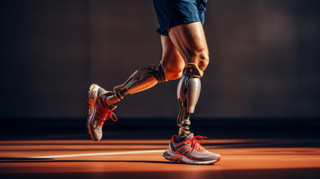 A man with prosthetic close-up legs running. ai generativeの素材