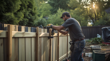 a worker installs a wooden fence on a home site. ai generativeの素材