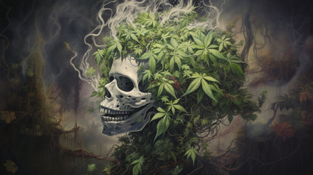cannabis is toxic to the brain. human skull and cannabis leaves. ai generativeの素材