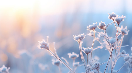 Frozen icy flowers in winter. Frost-covered wildflowers in winter field on the evening or morning. ai generativeの素材