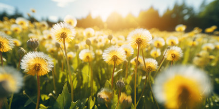 dandelions growing on the background of a green meadow. generative artificial intelligenceの素材