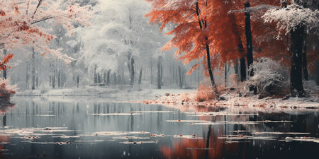 Autumn Foliage In The Snow Header. ai generativeの素材