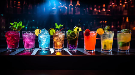 Fresh cocktails of all flavors served on the table of a nightclub. ai generativeの素材
