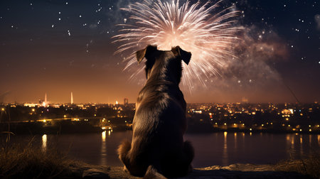 the dog sits and looks at the fireworks. ai generativeの素材