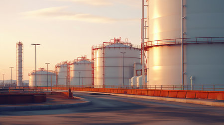 Oil and gas refinery storage tank. Industrial structures and giant tanks nearby. ai generativeの素材