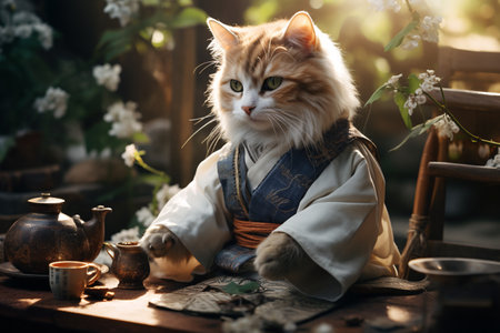 A cat wearing a white traditional Hanfu is brewing tea in a tea garden. ai generativeの素材