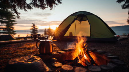 a tourist tent and a fire on which coffee is prepared. nature camping travel concept. AI generativeの素材