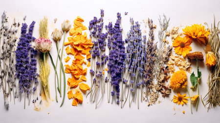 Dried medicinal herbs: lavender, chamomile, and calendula, arranged on parchment paper. ai generativeの素材