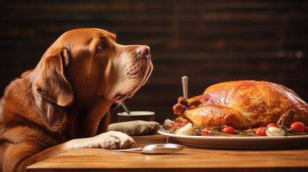 the dog looks at the roast turkey lying on the holiday table. ai generativeの素材