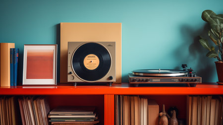 record player on a shelf flanked by old records. ai generativeの素材