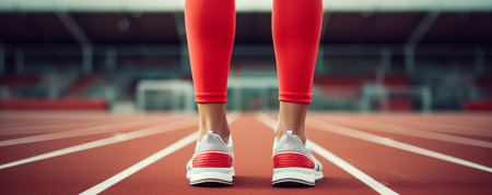 female legs of an athlete stand in sports sneakers on a treadmill. ai generativeの素材