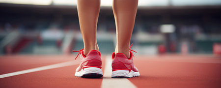 female legs of an athlete stand in sports sneakers on a treadmill. ai generativeの素材