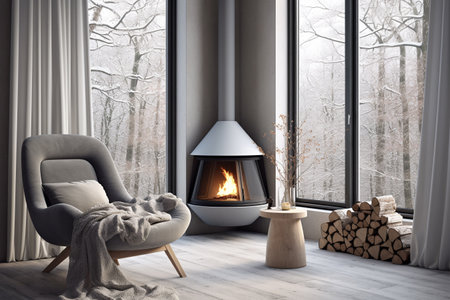 gray armchair against the background of a fireplace and a large window. modern living room design in Scandinavian style. ai generativeの素材