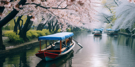 boats traveling among trees with cherry blossoms. ai generativeの素材