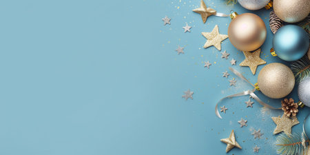 blue and gold Christmas balls, stars, sparkles and serpentine on a blue background, copy space. ai generativeの素材