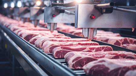 fresh meat pork chops or steaks on a conveyor belt. ai generativeの素材