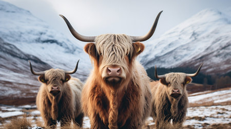 Scottish highlanders in a winter landscape. ai generativeの素材