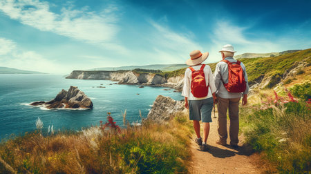 happy retired couple relaxing on the coast. ai generativeの素材