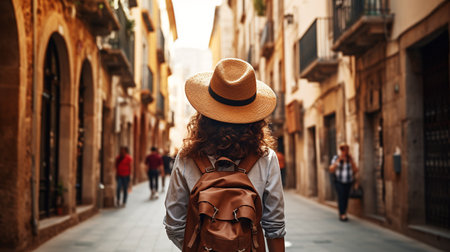 Girl traveler on the street of the old city. Young backpacker on a solo trip. Vacation, trip. ai generativeの素材