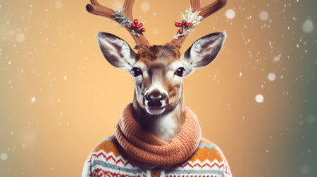 deer in a knitted winter Christmas sweater. ai generativeの素材