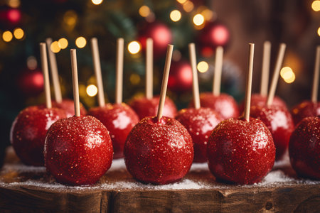 caramelized red apples on a stick, on backdrop of christmas tree. ai generativeの素材