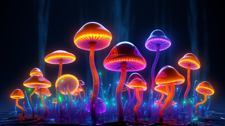 glowing neon mushrooms rod. ai generativeの素材