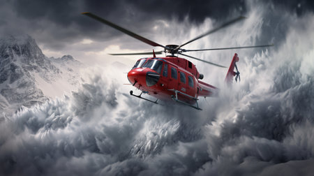 A red rescue helicopter flies against the backdrop of a huge snow avalanche. ai generativeの素材