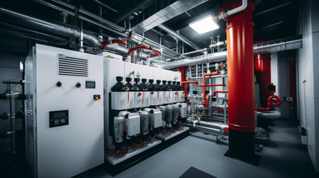 A modern house boiler room with a heating system. ai generativeの素材