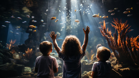 A group of young children watch fascinating sea life in an aquarium filled with tropical fish, corals and sharks. ai generativeの素材