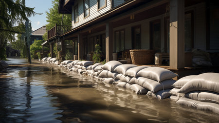 Full line of flood protection sandbags protecting houses from water, flood emergency. ai generativeの素材