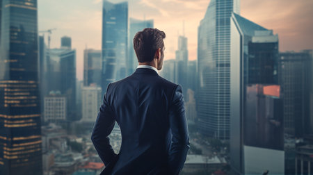 male businessman in a business suit against the background of skyscraper office buildings. ai generativeの素材