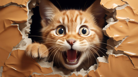 cute cat sticking out of a hole in the wall. ai generativeの素材