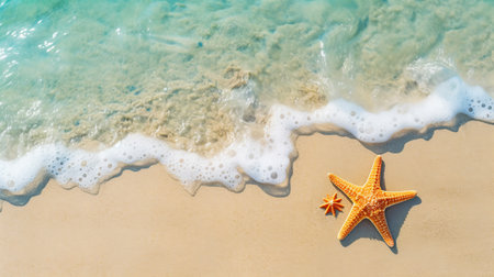 Starfish on the sand beach in clear sea water. Summer background. ai generativeの素材