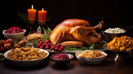 Turkey, stuffing, and cranberry dishes on table. ai generativeの素材