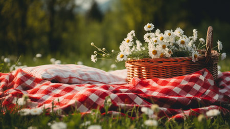 Checkered picnic duvet with empty basket on the blossoming meadow. ai generativeの素材