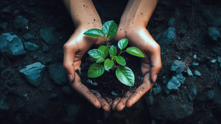 Hands growing a young plant, top view. ai generativeの素材