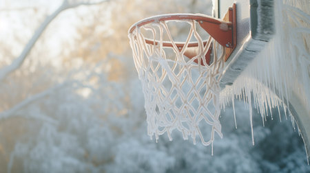basketball hoop covered with frost, winter weather. ai generativeの素材