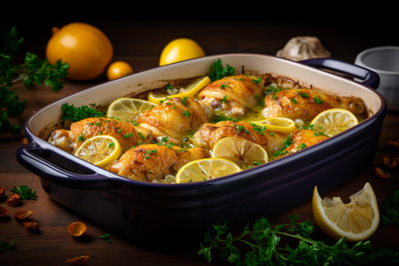 lemon and herb chicken with a delicious sauce in a baking dish. ai generativeの素材