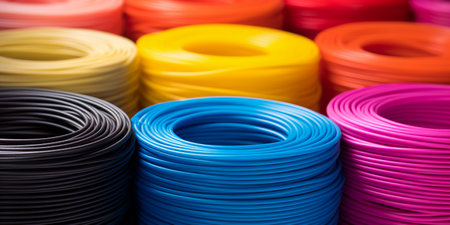 Multi-colored spools of thread for 3D printing. ABS plastic for printer background. ai generativeの素材