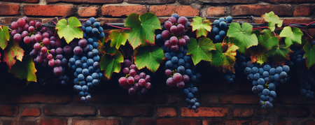Wild grapes growing on a brick wall. ai generativeの素材