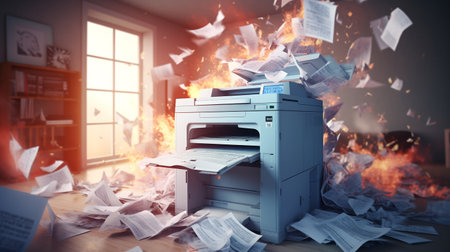 A printer with documents caught fire in a modern office. ai generativeの素材