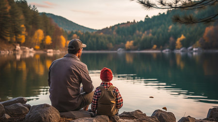 father and son sitting on stones near a natural lake and spending time together. ai generativeの素材