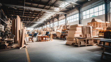 Furniture factory, work shop of a large factory for the production of furniture and interior items made of wood. ai generativeの素材