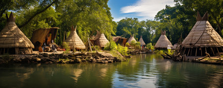 houses of indigenous peoples of America near a river against the backdrop of nature, ecotourism. ai generativeの素材