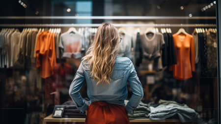 a girl stands in front of a store window with clothes. ai generativeの素材