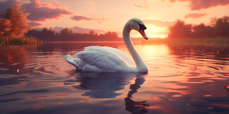beautiful white swan swims in a pond at sunset. ai generativeの素材