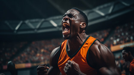 African basketball player in uniform rejoices with his fans. ai generativeの素材
