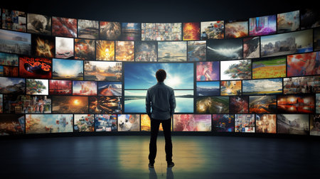 in front of the person is a large wall with multimedia streams. ai generativeの素材